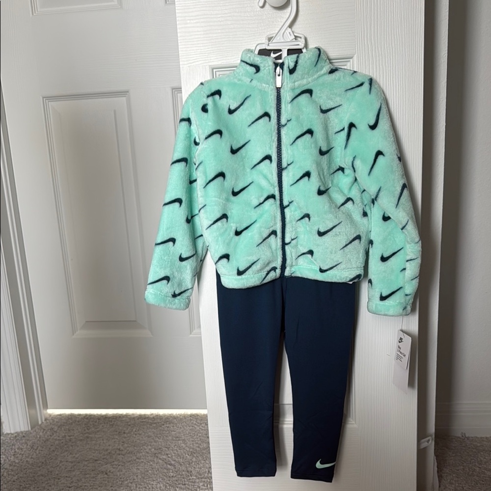 Nike Kids' Mint Green Fleece Jacket and Navy Leggings Set